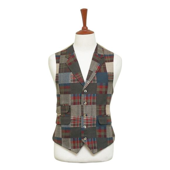 Mens Vest 44R Patchwork Wool Plaid Waistcoat Western Casual Preppy Wedding Party - Picture 1 of 9